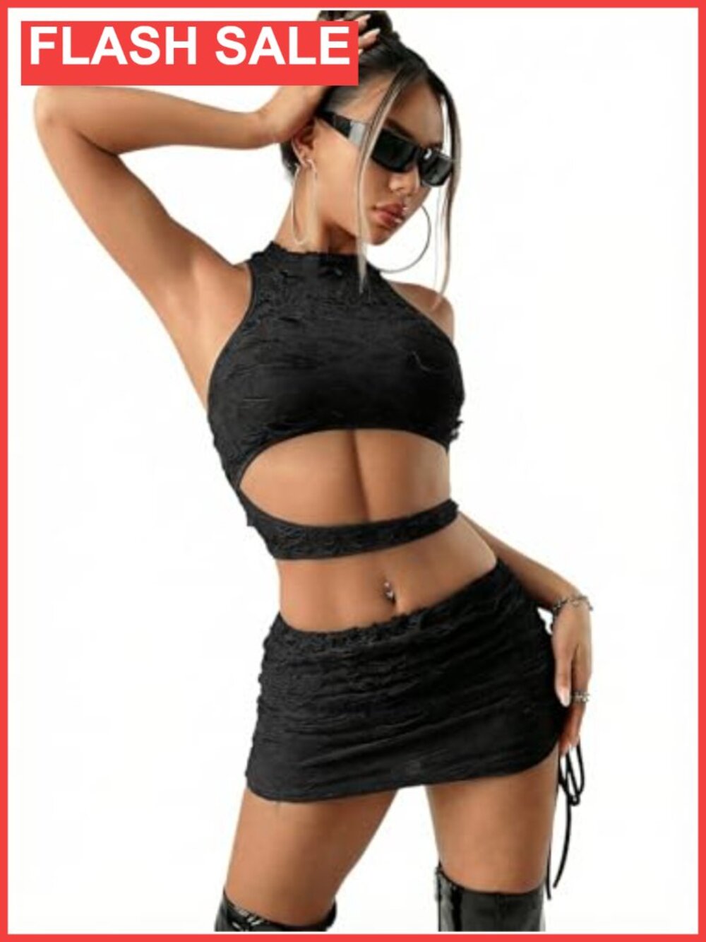 Women's 2 Piece Ripped Cut Out Mock Neck Sleeveless Slim Fit Skirt Set Y2K Club